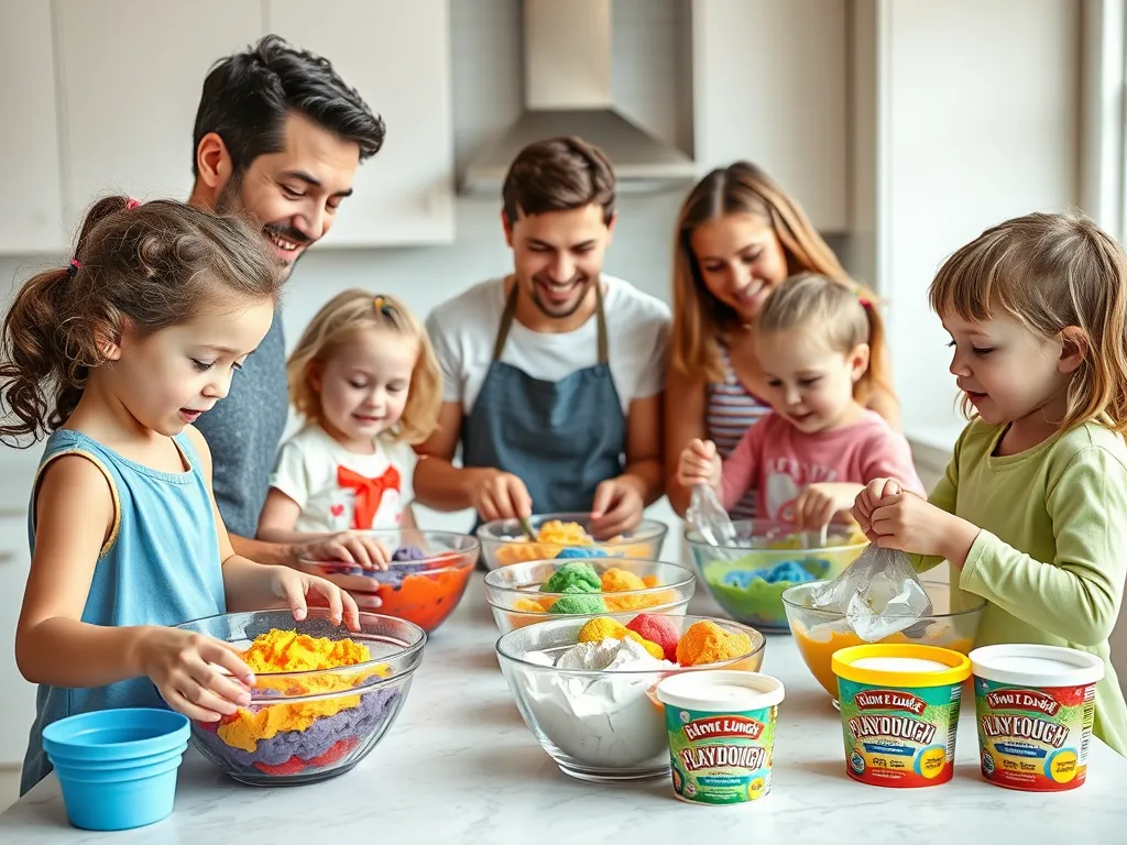 children and parents in a bright kitchen, mixing colorful homemade playdough