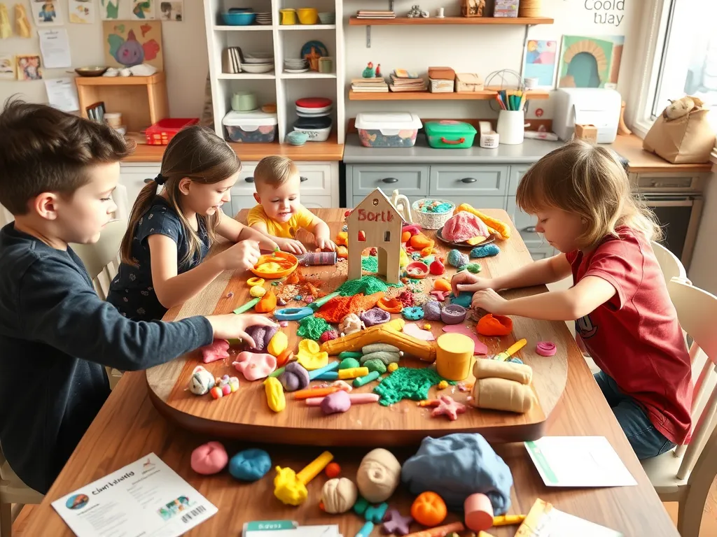 Family-happily-playing-together-with-various-colors-of-playdough