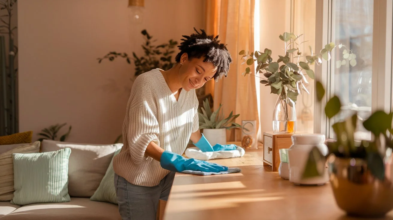 Lady Cleaning happily